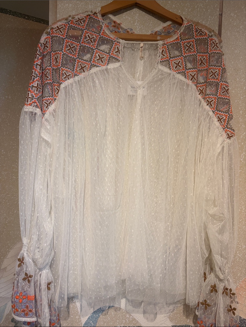 Free People Joyride Too Ivory Sheer Tulle Boho Tunic with Orange and Gray